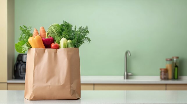 A bag of vegetables on a counter in a kitchen. The vegetables include carrots, broccoli, and tomatoes. 