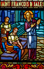 A stained glass of Saint Francis de Sales, founder of the Visitation Order. Vitrail de Saint François de Sales, fondateur de l'ordre de la Visitation.