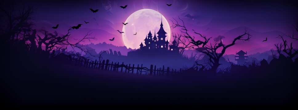 Fototapeta Dark Halloween landscape with a haunted castle and bats in the sky at full moon at night. Halloween wallpaper background illustration in purple and black. 
