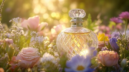 A delicate glass perfume bottle rests on a bouquet of roses, lilies, and daisies, exuding luxury.