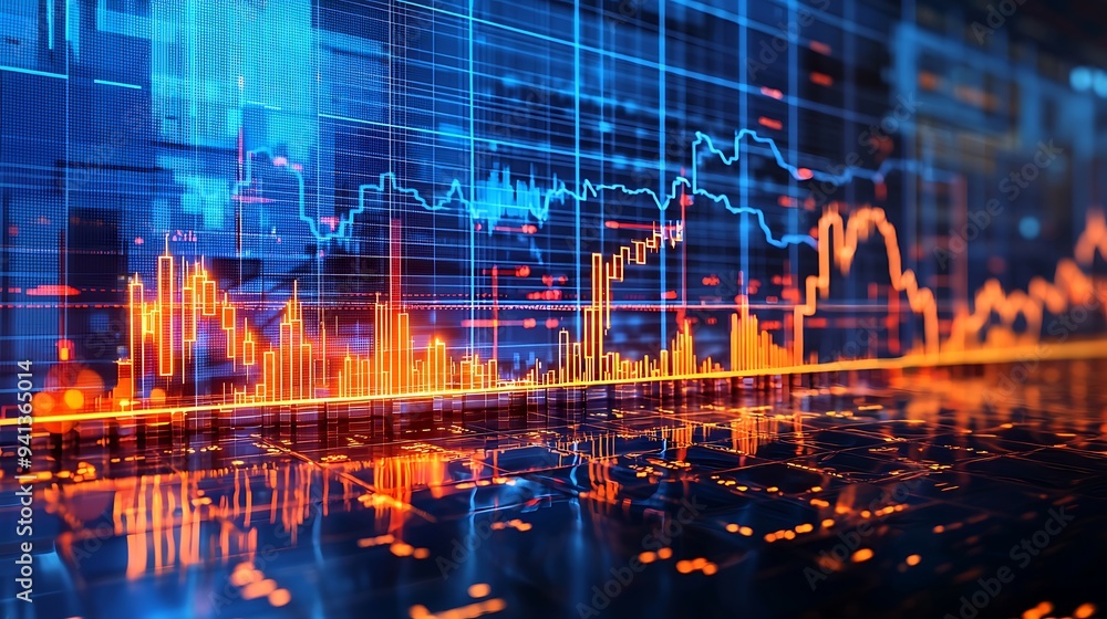 Poster abstract analysis of stock market data, featuring candlestick charts and line graphs.