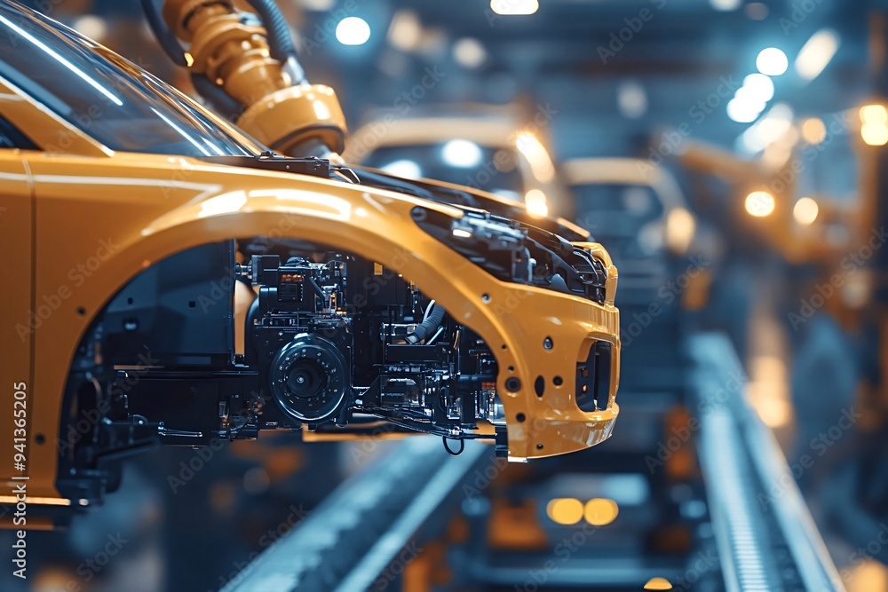 Poster robotic arm is lifting and positioning a car body on an assembly line in a modern car factory. the c