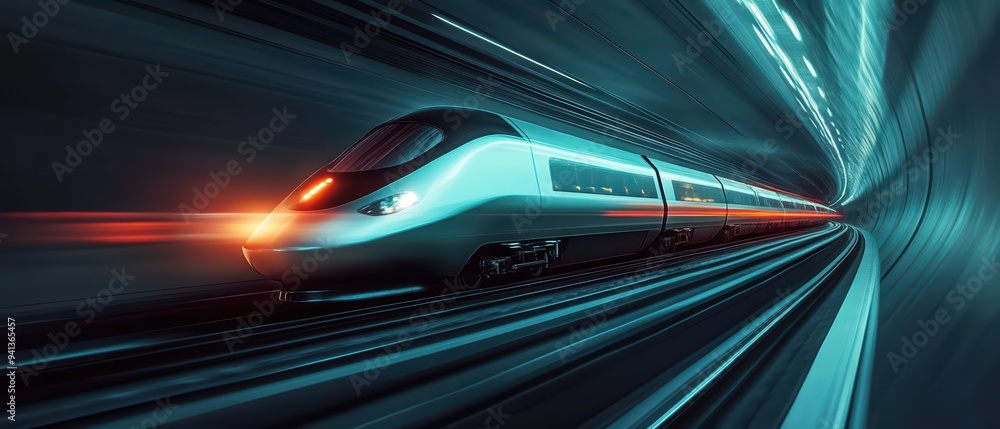 Poster a sleek high-speed train speeds through a modern tunnel, showcasing dynamic motion and advanced tech