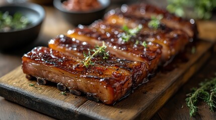 Smoked pork belly placed on a wooden tray