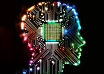 brain and face profile formed by a circuit of electronic chips that simulate neuromorphic engineering, whose objective is to simulate the behavior of neurons.