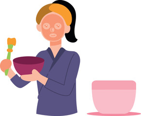 The girl is putting a mask on her face.