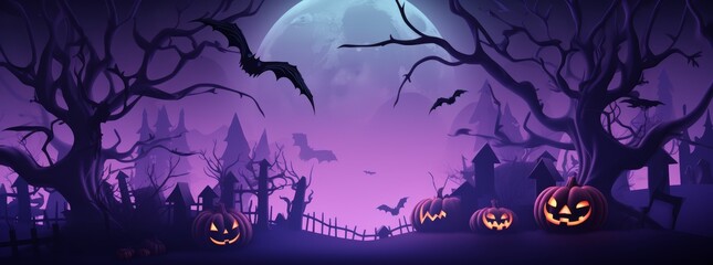 Dark, haunted Halloween forest landscape with bats in the sky at full moon at night. Scary Halloween wallpaper background illustration in purple and black. 