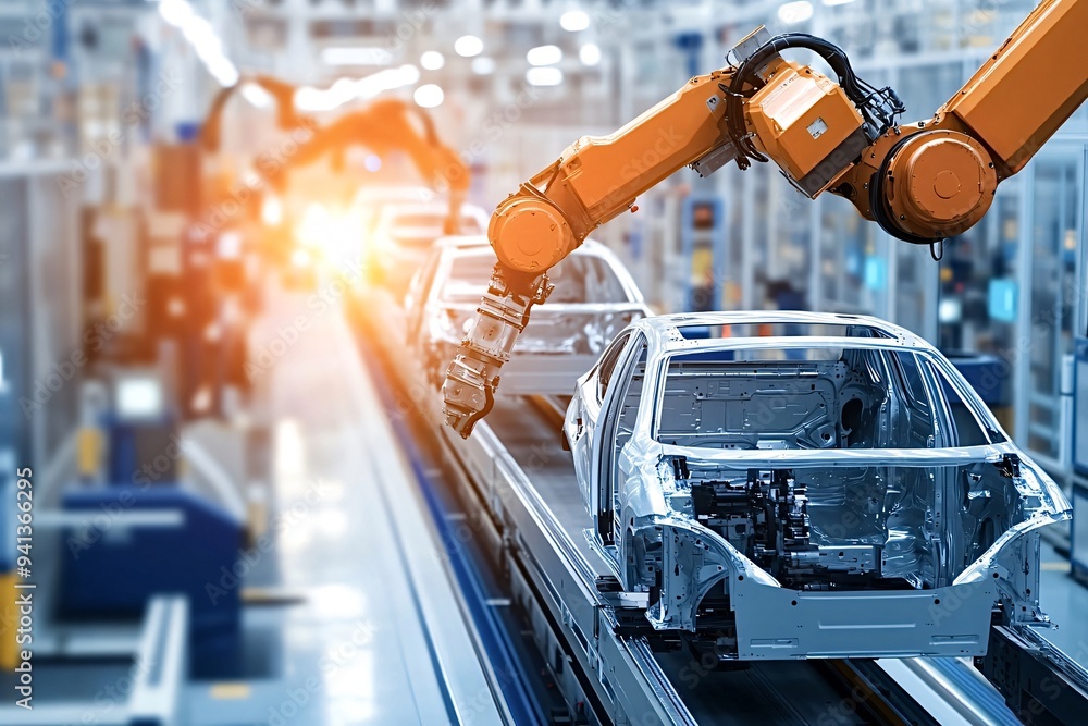 Poster robotic arms assembling car chassis in a modern factory with advanced technology