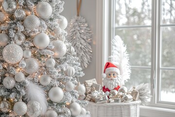 A beautifully decorated white and silver Christmas tree stands in a light grey room, with snow visible outside the window and an elf in a Santa outfit nearby.