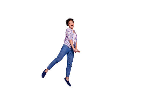 Full length body size view photo of enjoy teen student satisfied content glad scream shout laugh have free time relax wear jeans checked shirt top-knot isolated on purple background