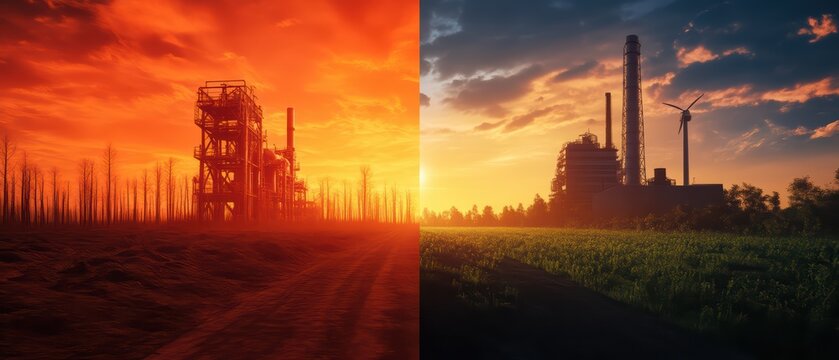 A striking contrast of industrial decay versus renewable energy, showcasing the impact of time and technology on landscapes.