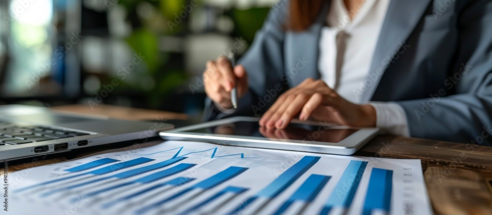 Aufkleber a businesswoman is using a tablet to analyze financial data with graphs in her office. this demonstr