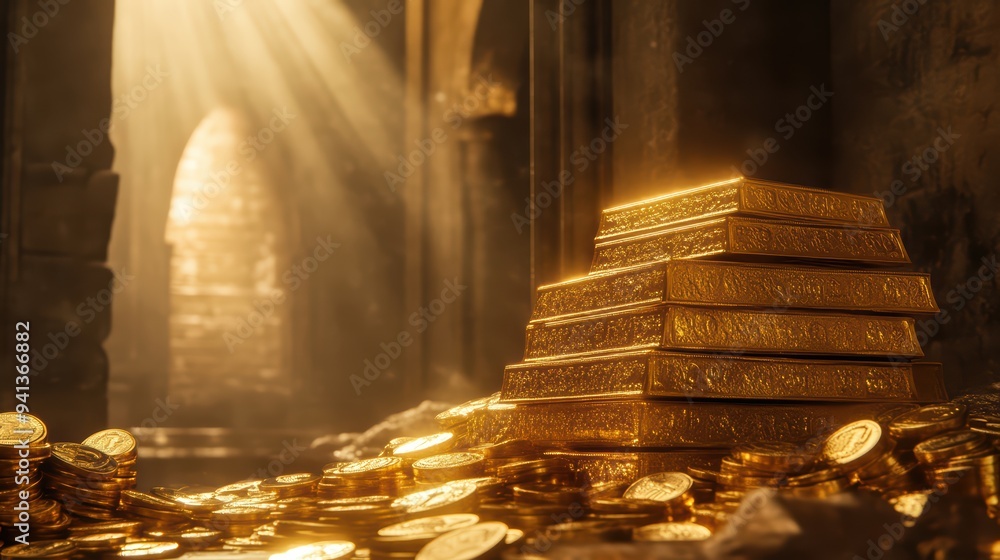 Poster a stunning display of gold bars and coins illuminated by rays of light, creating a mystical and rich