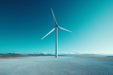 A wind farm on the horizon, isolated on a pastel blue background, symbolizing large-scale renewable energy generation,