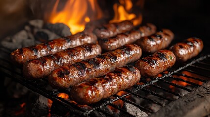 The smoky embers of a charcoal grill, glowing beneath a rack of sausages, the heat rising as the flavors deepen.