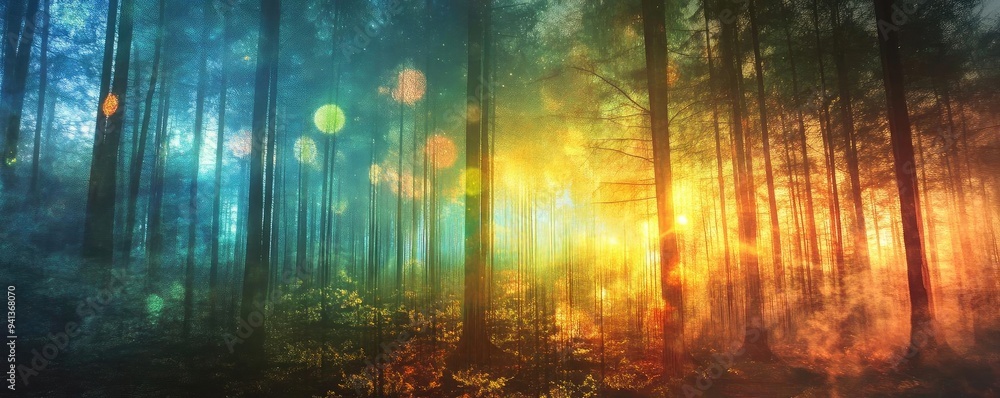 Poster a mesmerizing forest scene with vibrant colors and soft light, creating a serene and magical atmosph