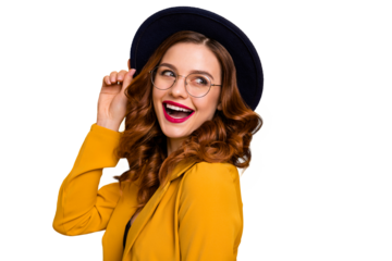 Close-up portrait of her she nice charming cute attractive lovely adorable winsome fascinating chic cheerful wavy-haired lady wearing yellow blazer isolated on bright vivid shine orange background