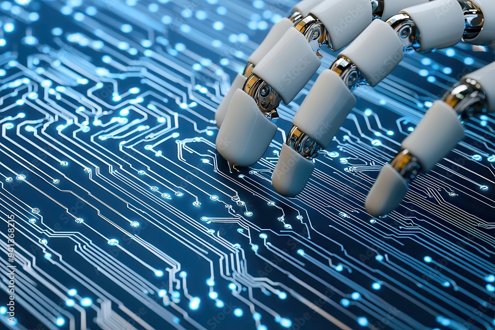 Aufkleber close-up of a robotic hand interacting with a futuristic circuit board, symbolizing advanced technol