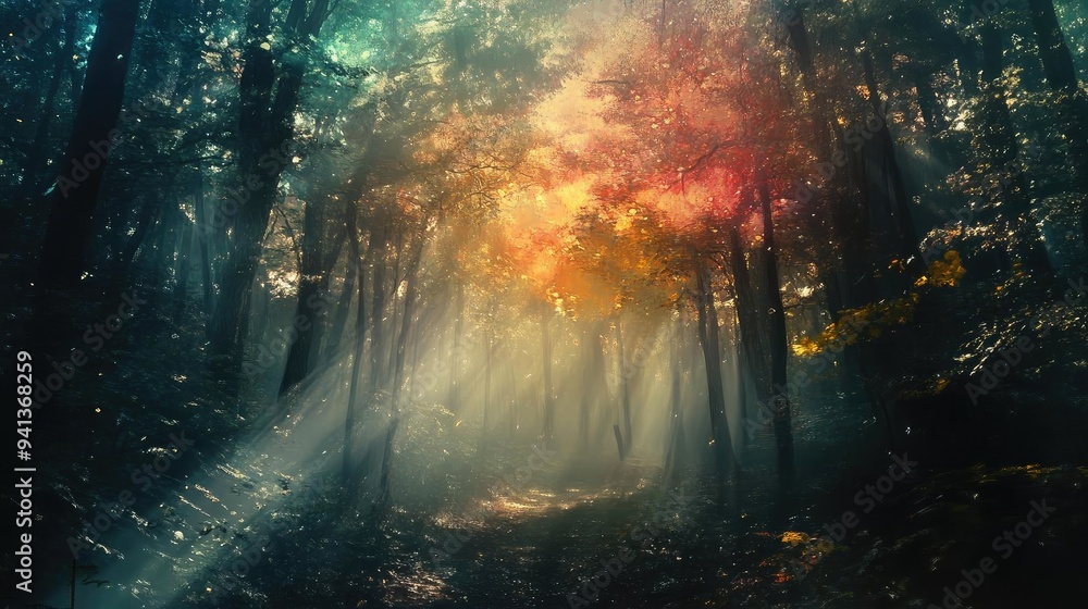 Poster a magical forest scene with vibrant trees and sunlight streaming through, creating a serene atmosphe
