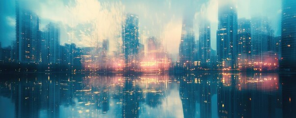 Fototapeta premium A stunning city skyline reflecting on water, enveloped in a dreamy fog that adds a magical ambiance to the urban landscape.