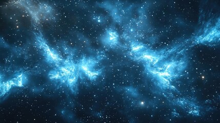 Obraz premium A mesmerizing view of a blue cosmic landscape filled with vibrant stars and ethereal clouds of gas and dust in deep space.
