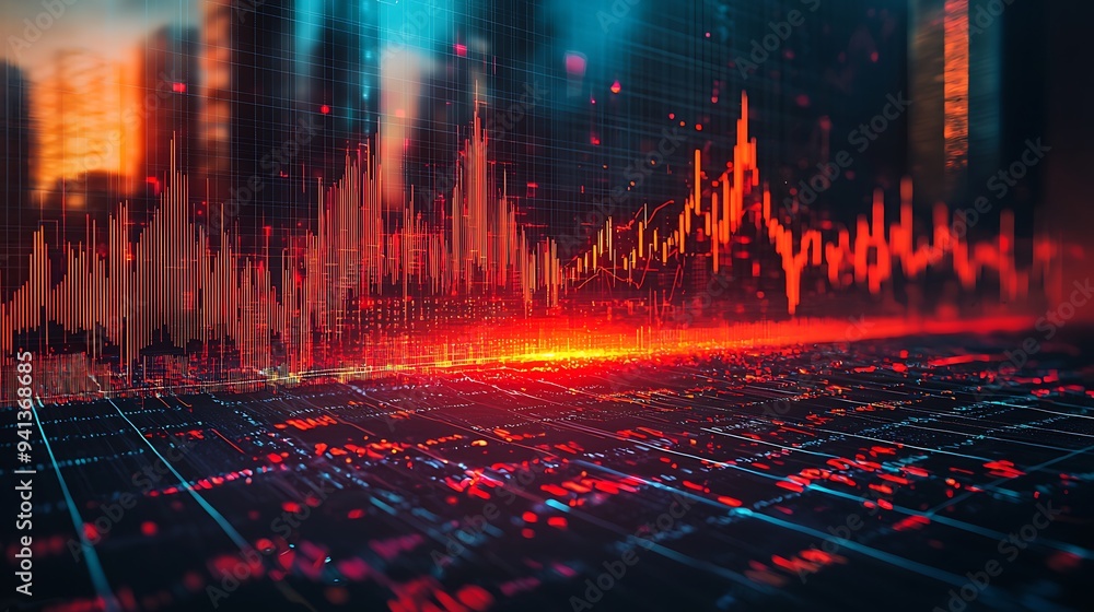 Poster an abstract cityscape glowing with red and blue lights, data lines weaving through.