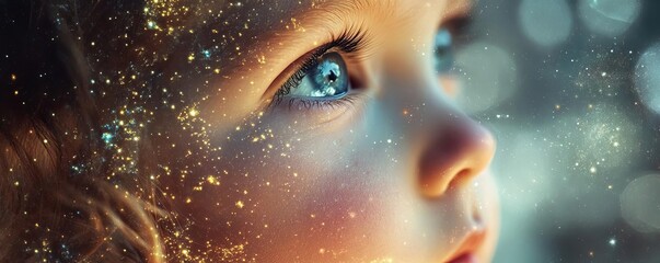 A close-up of a child's face, showcasing bright eyes filled with wonder and surrounded by a galaxy of stars and magic.