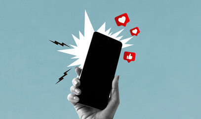 Hand holds pointing to like symbols of social networks from mobile phone with black screen. Art collage digital pop modern art.
