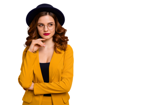 Portrait of her she nice-looking charming cute attractive lovely chic luxury elegant minded wavy-haired lady in yellow jacket copy space isolated on bright vivid shine orange background