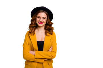 Portrait of her she nice-looking charming cute attractive lovely chic luxurious elegant cheerful cheery wavy-haired lady in yellow jacket folded arms isolated on bright vivid shine orange background