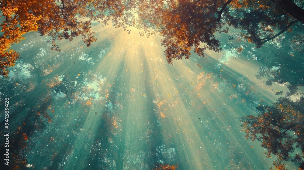 Poster a serene view of sunlight streaming through autumn foliage, creating a magical atmosphere in a tranq