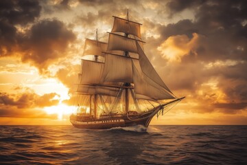 Fototapeta premium Majestic Sailing Ship at Golden Sunset. Vintage Maritime Adventure Concept for Poster, Banner, or Wallpaper Design