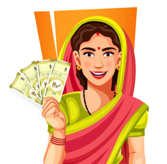 Happy Indian traditional woman in saree holding 20 rupee note Indian currency, isolated on a white background- concept of empowerment, earnings, bank loan, and business