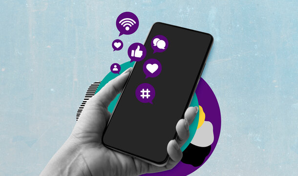 Hand hold smart phone symbol, interaction in social networks. Art collage digital pop modern art.