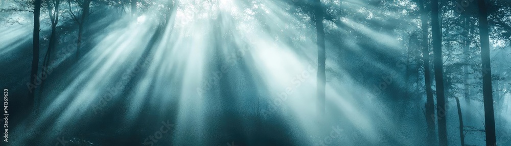 Poster a serene forest scene with soft sunlight streaming through tall trees, creating a tranquil and ether
