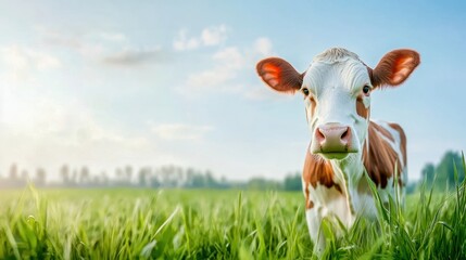 A charming cow standing in a green field, basking in the warm sunlight, showcasing the beauty of farm life.