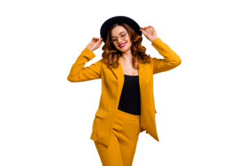 Portrait of her she nice-looking sweet charming cute attractive lovely fascinating chic elegant cheerful cheery wavy-haired lady in yellow suit isolated on bright vivid shine orange background