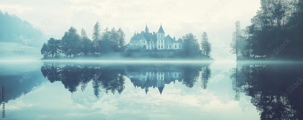 Poster a serene castle reflected on a calm lake surrounded by mist and trees, creating a mystical and tranq