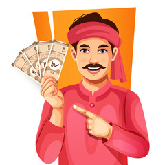 Happy Indian man showing 10 Indian currency rupee note, isolated on a white background- concept of empowerment, earnings, bank loan, and business