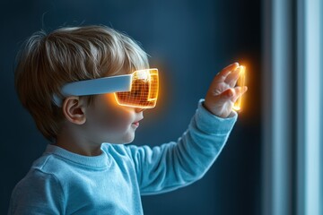 A child wearing futuristic goggles explores a glowing interface, showcasing the blend of technology and imagination in play.