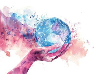 A watercolor illustration of a hand grasping a globe, representing unity and global connection