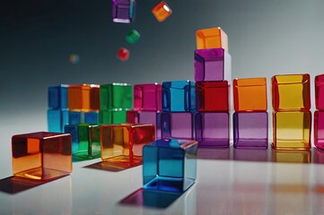 Many Multi-Colored Cubes Move in Space to Come Together to Form an Abstract Thumb Sign On a Plain Background