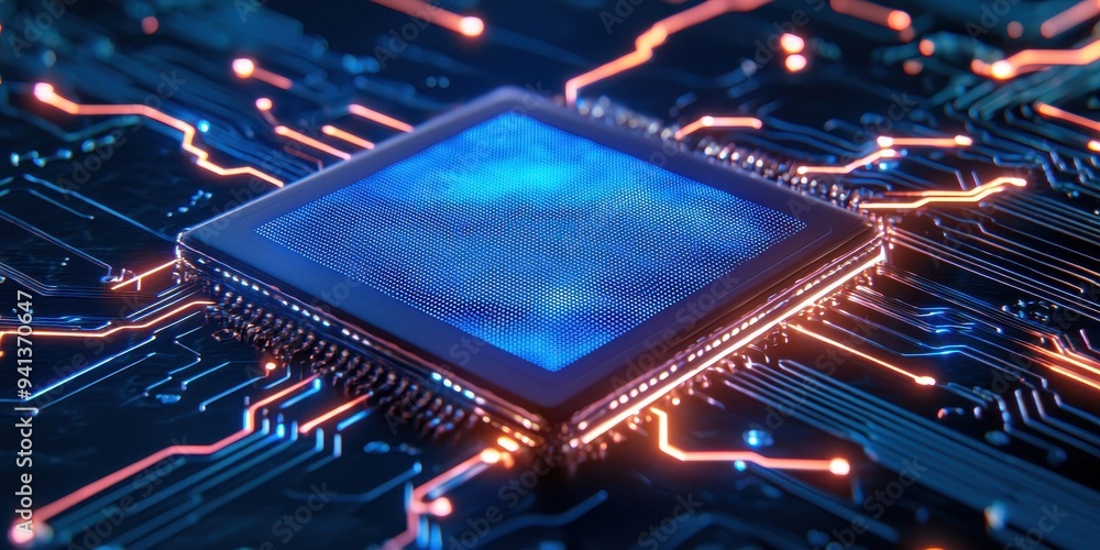 Poster a close-up of a modern microprocessor on a digital circuit board with vibrant lights, showcasing adv