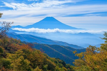 Naklejka premium Amajestic mountain peak standing above a sea of clouds, portraying themes of grandeur, nature, and the beauty of the earth.
