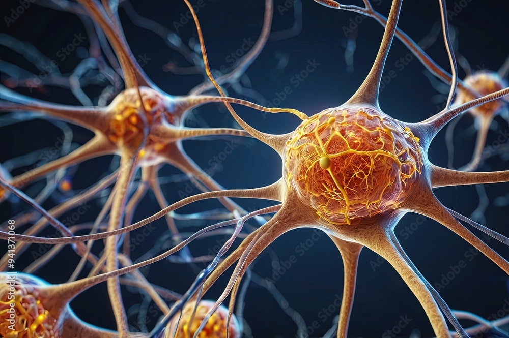 Wall mural neurons also known as neurones or nerve cells, 3d illustration. the neurons transmit information bet