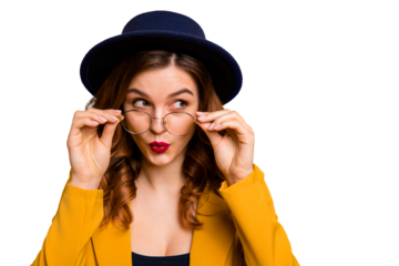 Close-up portrait of her she nice-looking charming cute attractive lovely fascinating chic cunning sly girlish wavy-haired lady looking aside isolated on bright vivid shine orange background