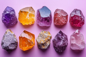 A collection of gemstones, isolated on a pastel lavender background, representing valuable minerals formed from fossil resources,