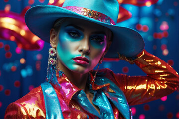 Aesthetic portrait of young queer cowboy, drag queen with cowboy hat, pose in bright blue studio background