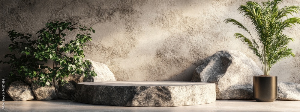 Aufkleber 3D rendering of a rock platform podium featuring a plant for product display background