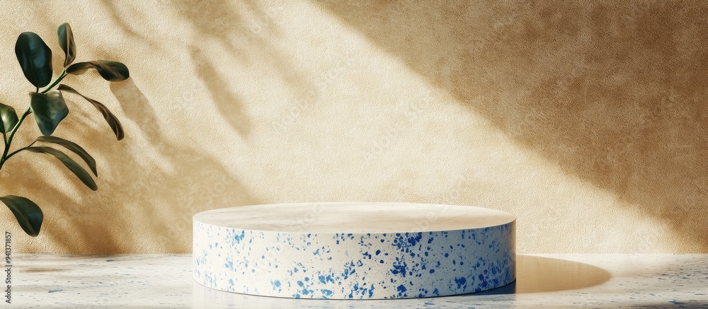 Poster 3d rendered image of an empty mockup podium featuring terrazzo and blue colors set against a portrai